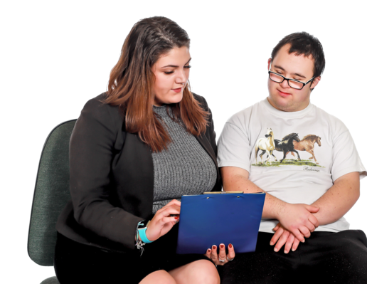 student talking to work coach